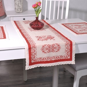 Red Table runner with dancers, folk dancers, cuple table runner, German Folk Art Textile Table Linen Placemat Tabletop, Housewarming gift