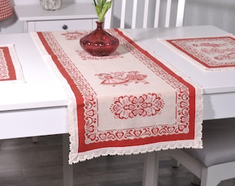 Red Table runner with dancers, folk dancers, cuple table runner, German Folk Art Textile Table Linen Placemat Tabletop, Housewarming gift