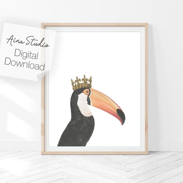 Toucan print, crown, Printable Wall Art, Digital Download, Digital Print, Poster, tropical, Animal Poster, Bird, vintage