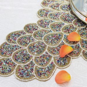 White & Gold Multi-coloured Petals Hardback Handmade Hand Beaded Table Runner 90cm x 37cm - Gift Wrapped Ready