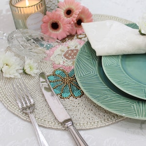 Round Floral Handmade Hand Beaded Dining Coffee Bedside Table Placemats 36cm - Gift Wrapped Ready