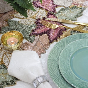 Floral Cut Work Leaf Design Handmade Hand Beaded Table Runner 86cm x 33cm - Gift Wrapped Ready