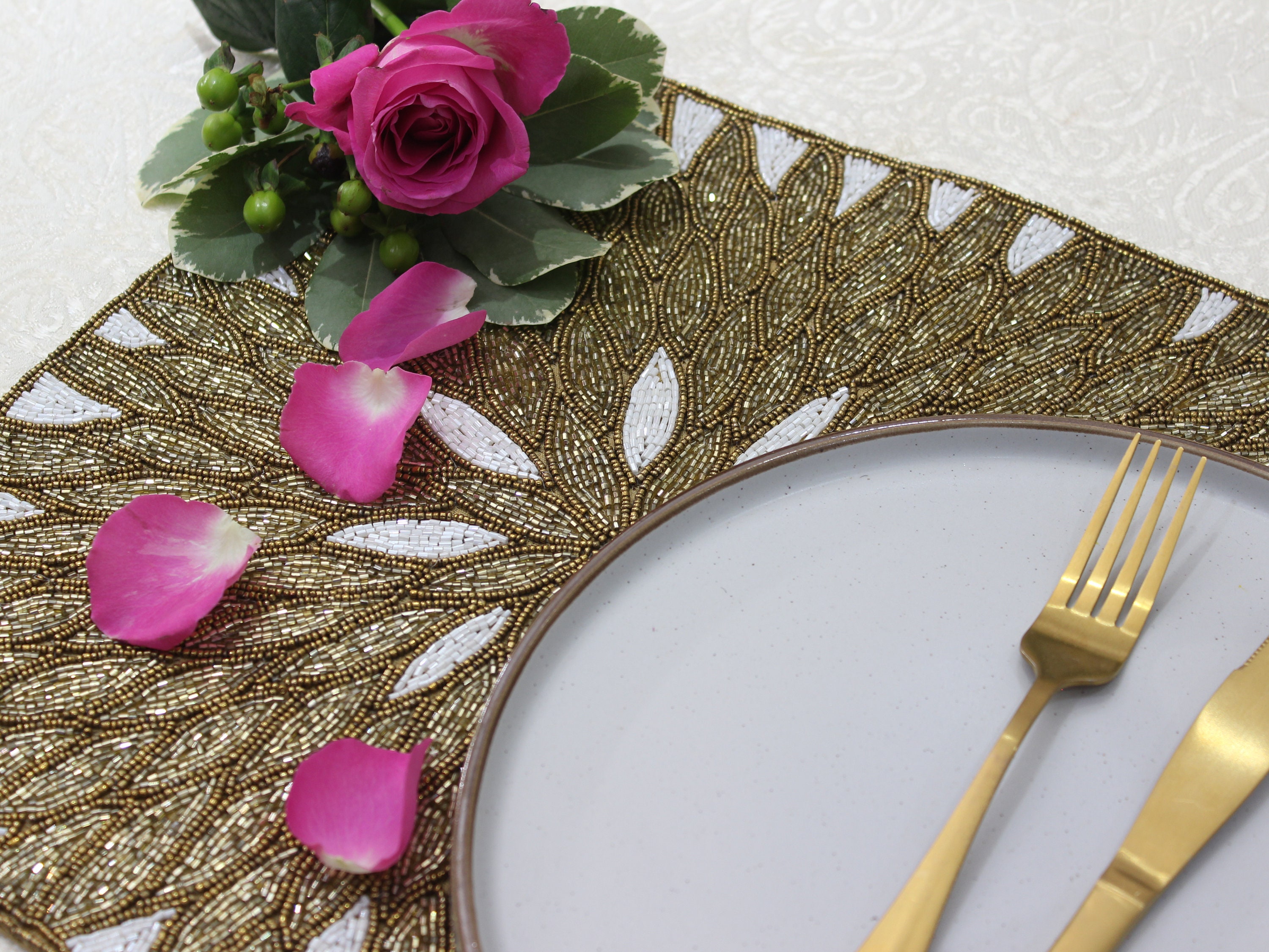 White & Gold Handmade Placemat Hand Beaded Square 35cm Etsy