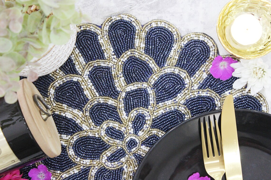 Blue & Gold Handmade Placemats Hand Beaded Round 35cm Etsy