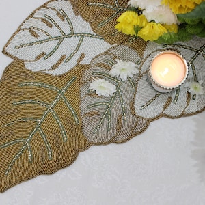 Gold Leaf Design Handmade Hand Beaded Table Runner 97cm x 34cm - Gift Wrapped Ready