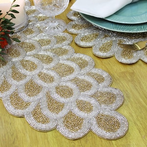 Gold & Silver Petals | Handmade | Table Runner | Placemat | Hand Beaded | 90cm x 35cm