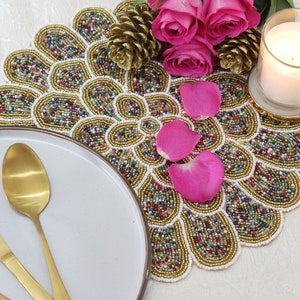 Round Petal White & Gold Multi-coloured Handmade Hand Beaded Dining Coffee Bedside Table Placemats 35cm - Gift Wrapped Ready