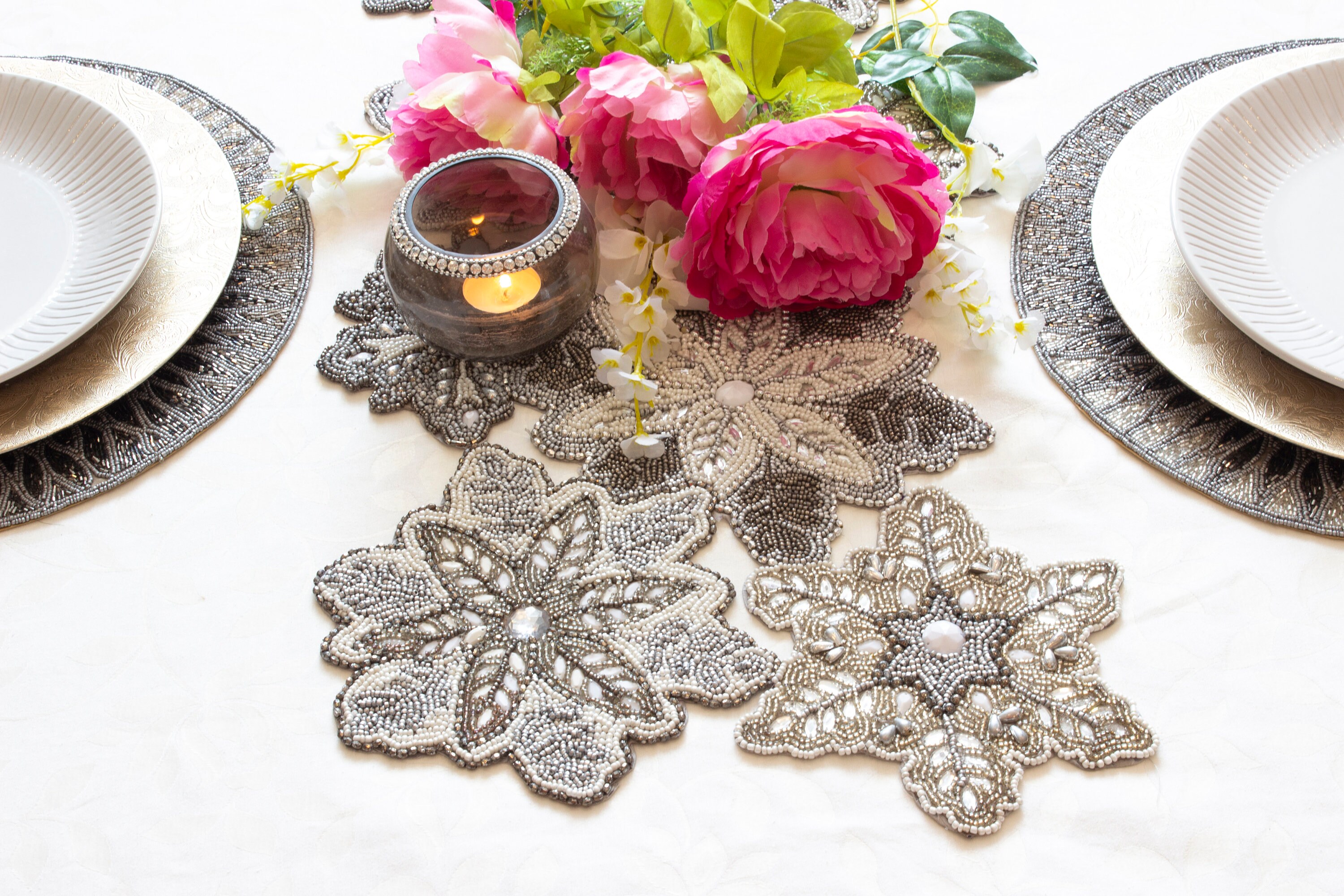 Silver Handmade Table Runner Hand Beaded 90cm x 35cm Etsy