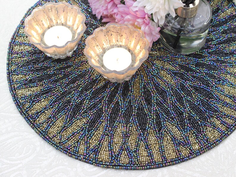Purple & Gold Handmade Placemat Hand Beaded Round 35cm Etsy