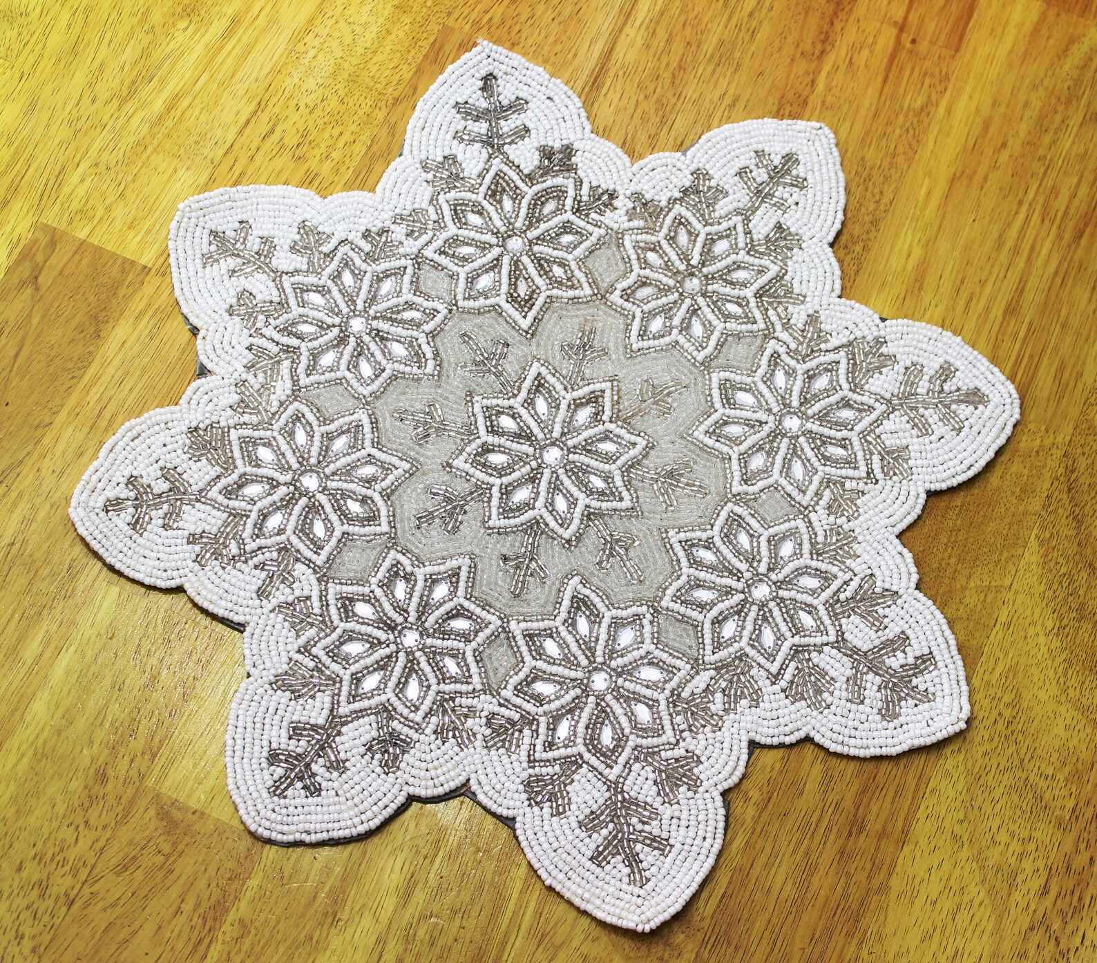White & Silver Snowflake Handmade Placemat Hand Beaded Round Etsy