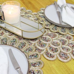 Shimmer Multi Coloured Gold & Silver Petals Handmade Hand Beaded Table Runner 90cm x 35cm - Gift Wrapped Ready