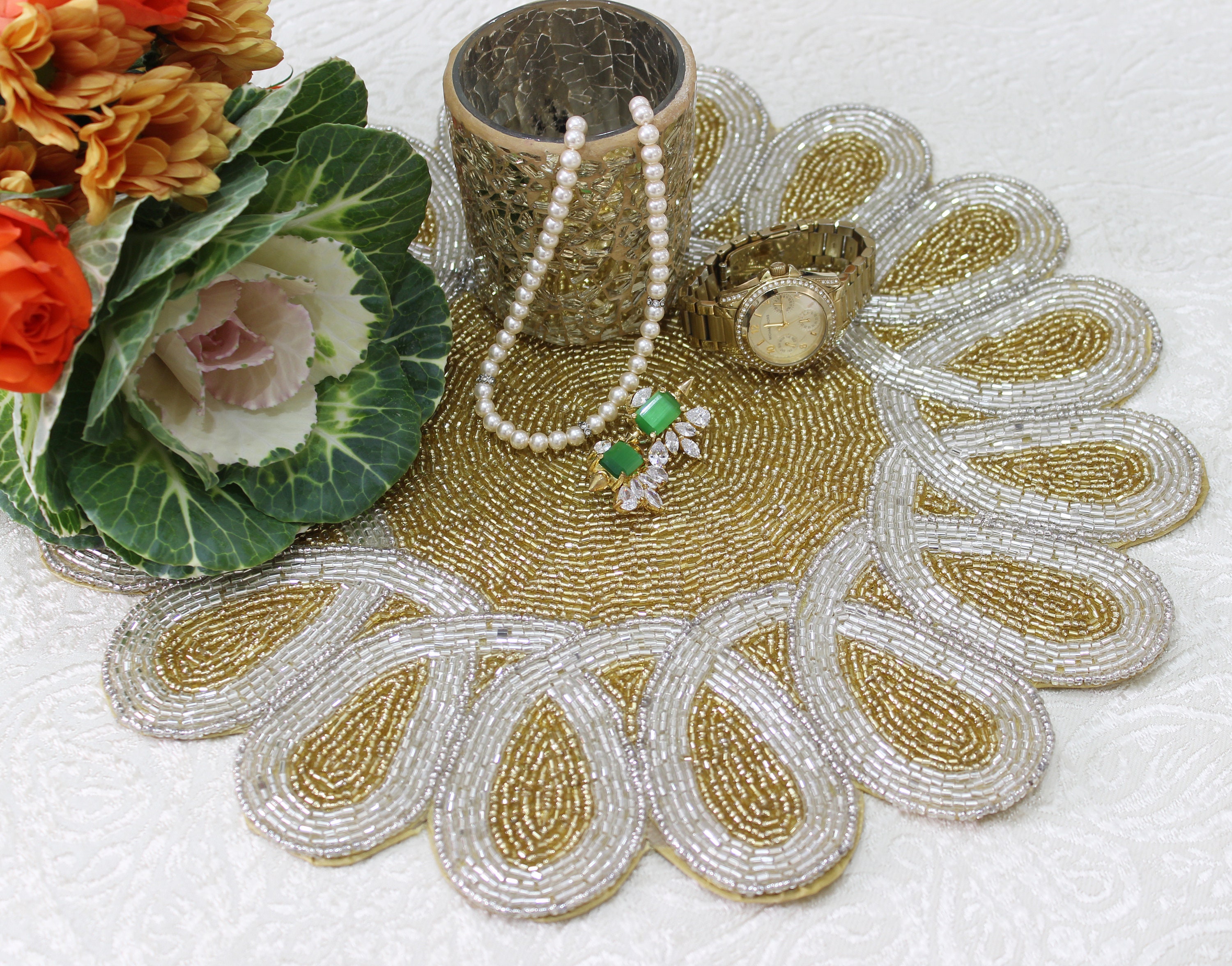 Gold & Silver Petals | Handmade | Table Runner | Placemat | Hand Beaded ...