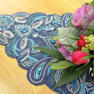 Blue Handmade Hand Beaded Table Runner 90cm x 32cm - Gift Wrapped Ready