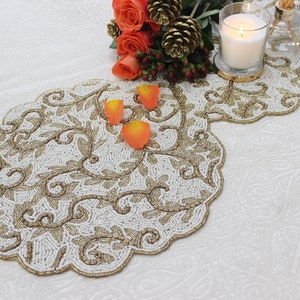 Regal Gold & White Handmade Hand Beaded Table Runner 93cm x 33cm - Gift Wrapped Ready
