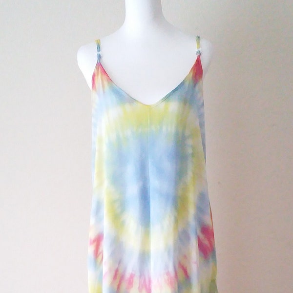 Sukienka letnia Maxi Boho, Ręcznie  barwiona  metodą Tie Dye, biało-różowo-żółta