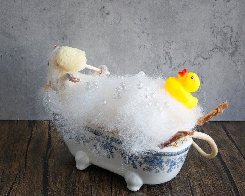 Taxidermy Mouse in bathtub, unique, cute, novelty, oddities, curiosity, quirky, unique, handmade, different, fun, special gift. image 3