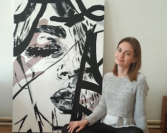 Original Black and White Acrylic Painting: Modern Female Portrait Art