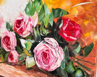 Cuadro Ramo de Rosas, Cuadro con Flores en la Pared, Flores Volumétricas al Óleo, Rosas Rosas, Pintura al Óleo Flores