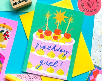 Birthday Girl cake birthday card | sister friend illustrated cherries candles sparkle celebration anniversary her female celebrate quirky
