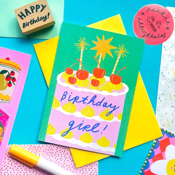 Birthday Girl Cupcake Card: Illustrated Cherries & Candles