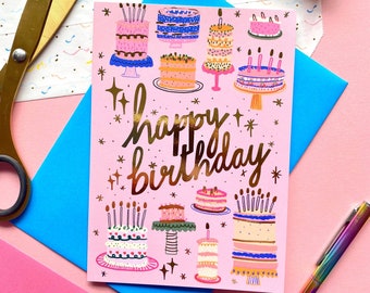 Carte de voeux d'or de modèle de gâteau de joyeux anniversaire | carte d'anniversaire fille rose | gâteaux roses d'anniversaire pour elle | Feuille d'or de célébration féminine féminine