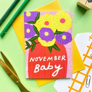 November neues Baby-Geburts-Monats-Grußkarte | Neugeborene Karte | Niedliche Geburtsblumen Karte | Neue Babykarte | Blumen Baby Karte |