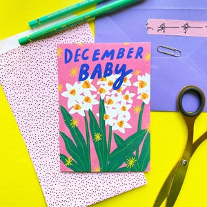 Tarjeta de diciembre para bebé nuevo / Tarjeta para bebé nuevo / Bebé con flores de nacimiento / Tarjeta de felicitación para bebé nuevo / Flores para bebé nuevo / Lindo regalo floral, hola pequeño