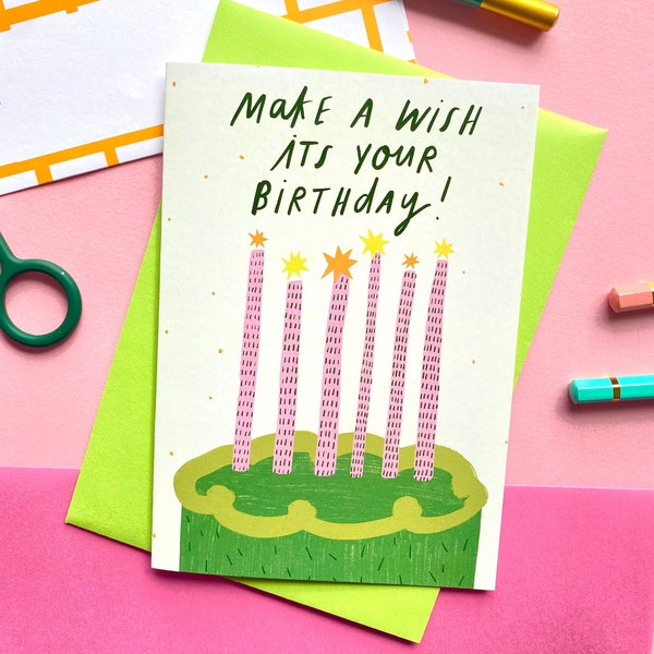 Make a Wish Green Cake Birthday Greeting Cards | Bday Celebrate Friend Sister Brother Party