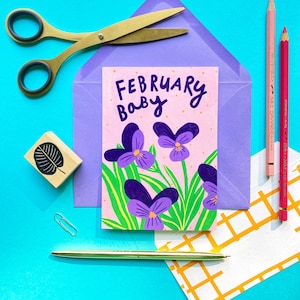 February Baby Greetings Card/ New Baby Card/ Baby Birth Month Flower Card zdjęcie 1