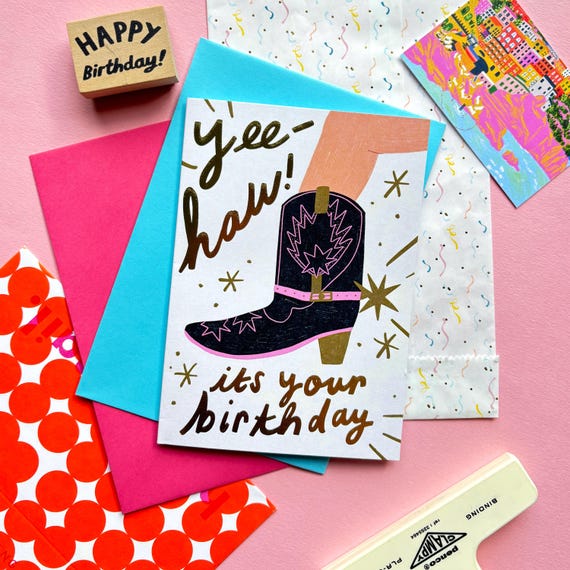Yee-Haw! It's Your Birthday Greeting Card | Cowboy Cowgirl Western Boots Gold Foil Birthday Celebrate