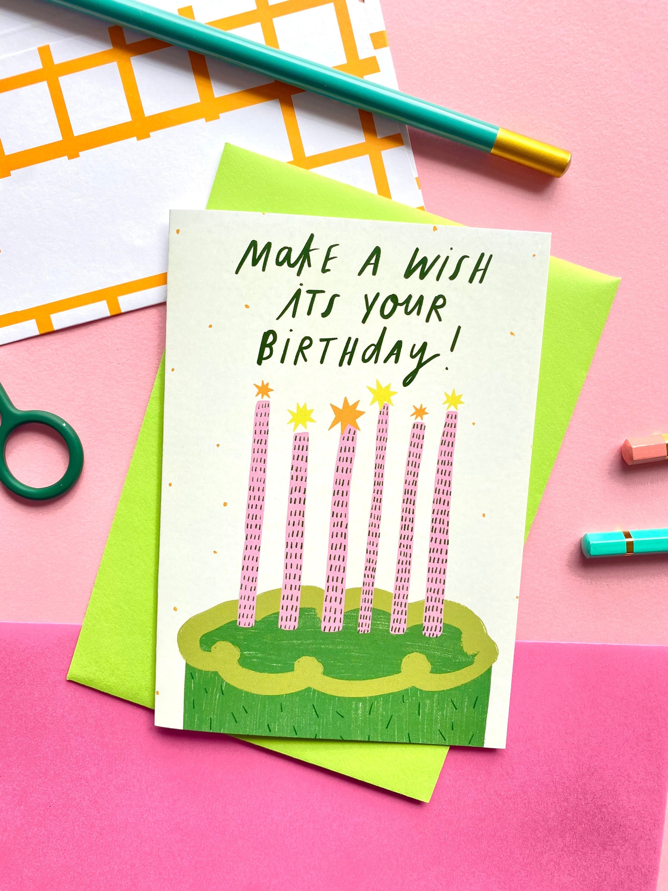 Make a Wish Green Cake Birthday Greeting Cards | Bday Celebrate Friend Sister Brother Party