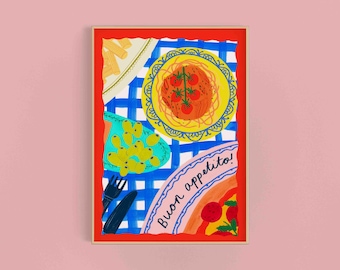 Pode incluir: Uma ilustração colorida de uma mesa posta com um prato de massa, um prato de azeitonas e um prato de pizza. A mesa está coberta com uma toalha de mesa quadriculada azul e branca. O texto "Buon appetito!" está escrito em rosa sobre um fundo vermelho e laranja.
