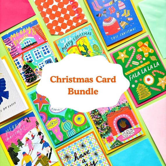 イラスト入りクリスマスカードセット：お祝いのホリデーカード - Etsy 日本