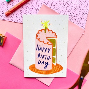 Happy birthday cake card, fun happy birthday card, illustrated birthday card