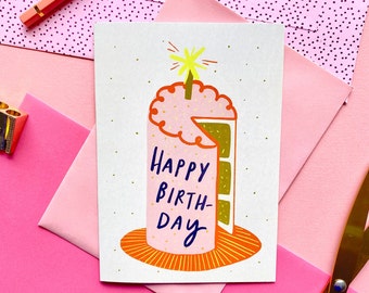 Happy birthday cake card, fun happy birthday card, illustrated birthday card