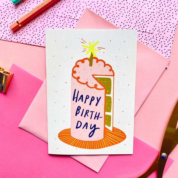 Happy birthday cake card, fun happy birthday card, illustrated birthday card