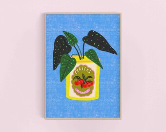 Alocasia-växten & Vintage Cerises Färgglatt Konsttryck i Tenn | Botanisk Vintage Djärv Egenskaplig Krukväxt