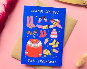 Warm Wishes Greetings Card | Wooly Jumper Xmas Festive Merry Bright Seasons Greetings Holiday
