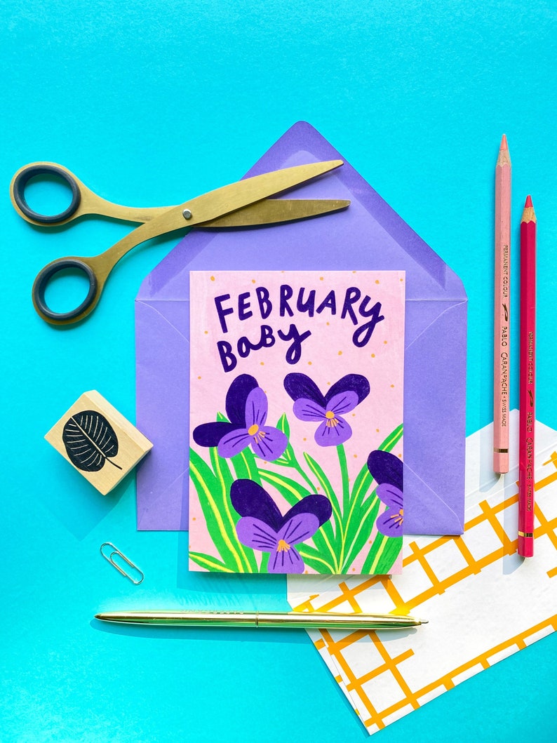 February Baby Greetings Card/ New Baby Card/ Baby Birth Month Flower Card zdjęcie 1