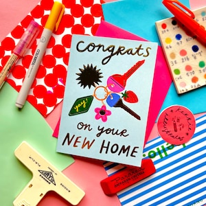 Gefeliciteerd met je nieuwe huissleutels-wenskaart | Happy Celebration House Gaff Celebration Greetings Cadeau Noord-Ierse illustrator goudfolie