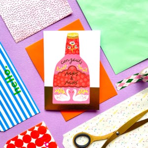 Tarjeta de felicitación de boda para el aniversario de compromiso de la pareja de lesbianas, diseño de cisne champán LGBTQ