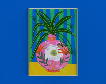 Fancy Spider plant in floral vase art print | Botanical Houseplant Floral Wall Decor
