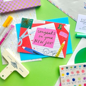 Gefeliciteerd met je nieuwe baan Briefpapierwenskaart | Eigenzinnige kleurrijke nieuwe rol Well Wishes Celebration