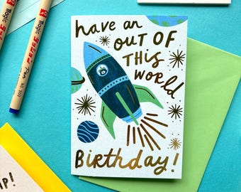 Out of This World Birthday Card: Rocket & Bear Astronaut