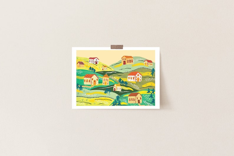 May include: A colorful illustration of a village nestled in rolling green hills. The houses are painted in shades of yellow, orange, and red with white accents. The hills are dotted with trees and flowers.