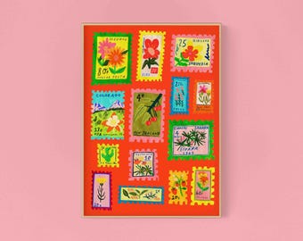 Vintage Stamps Colourful Art Print | Collector Junk Journal Travel Scrapbook Wall Decor Quirky Maximalism