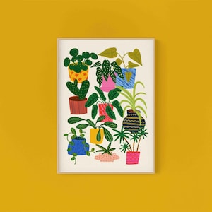 May include: A colorful illustration of potted plants in various shapes and sizes. The plants are drawn in a whimsical style with bright colors and bold outlines. The illustration features a variety of plants, including ferns, succulents, and leafy plants.