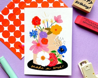 Make a wish wild flowers birthday cake card | Cute floral for her female thoughtful anniversary celebrate pretty celebration family friend