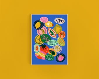 Colección de pegatinas de frutas, impresión artística / Diario basura, decoración de pared de cocina con plátanos brillantes y maximalistas