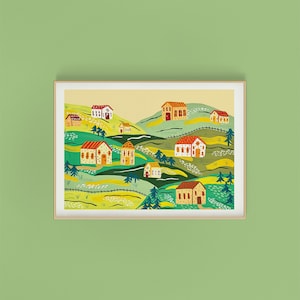 May include: A colorful illustration of a village nestled in rolling green hills. The houses are painted in shades of yellow, orange, and red with white accents. The hills are dotted with trees and flowers.